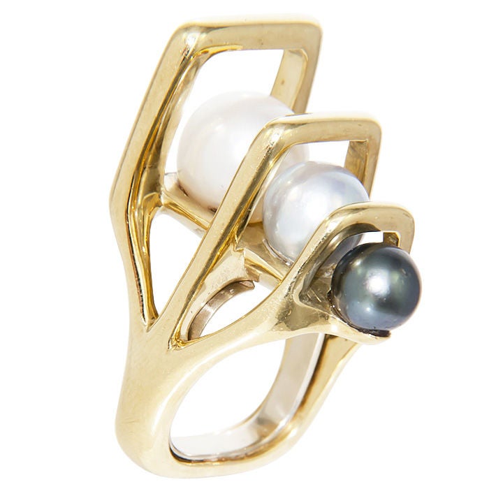 BARBARA MILLER ANTON Heavy 60s Stylized Gold and Pearl Ring