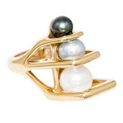 BARBARA MILLER ANTON Heavy 60s Stylized Gold and Pearl Ring