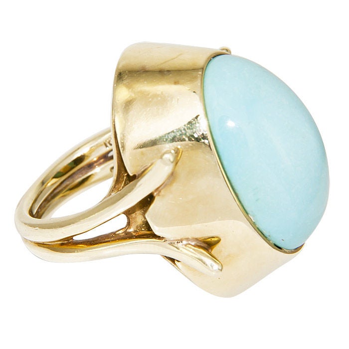 Very large and Bold ring by cellino, Italy, 18K yellow gold set with a Persian Blue Turquoise. Finger size = 6 1/2