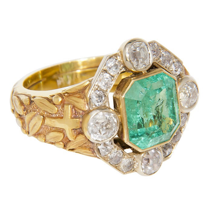 Art Nouveau Magnificent Antique Bishops Ring Diamond & Emerald