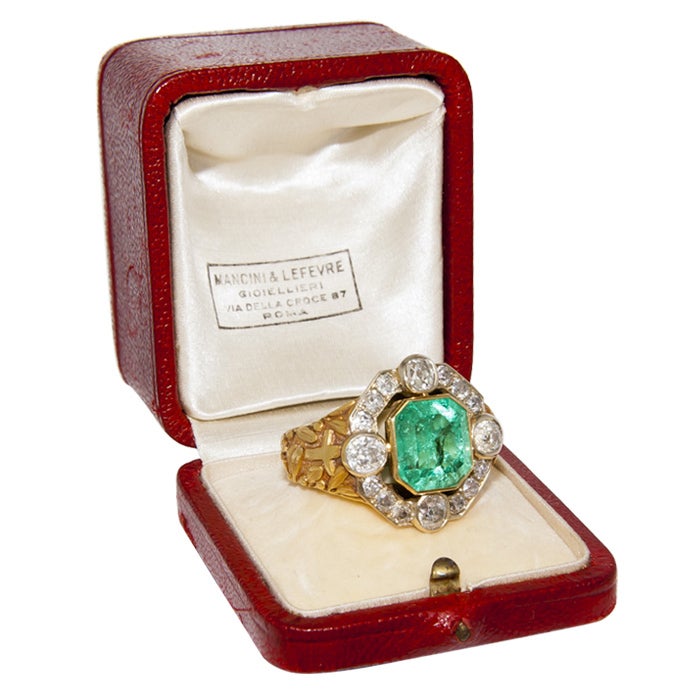 Men's Magnificent Antique Bishops Ring Diamond & Emerald