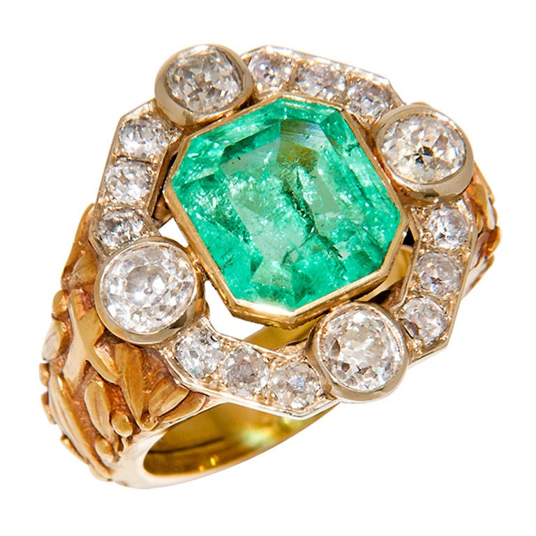 Magnificent Antique Bishops Ring Diamond & Emerald