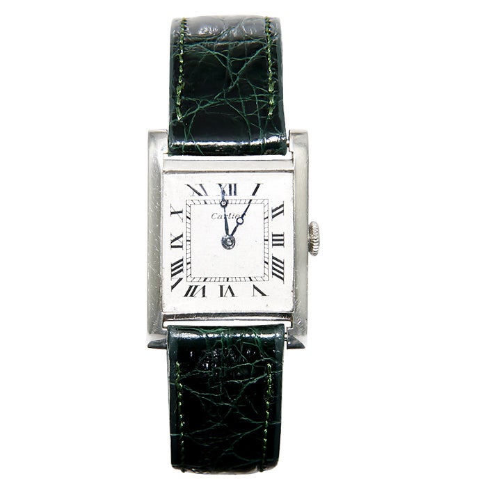Fine and Rare Cartier Tank Watch, European Watch & Clock Movement, 18K White Gold Case, Signed and Numbered. Original Dial and Hands.