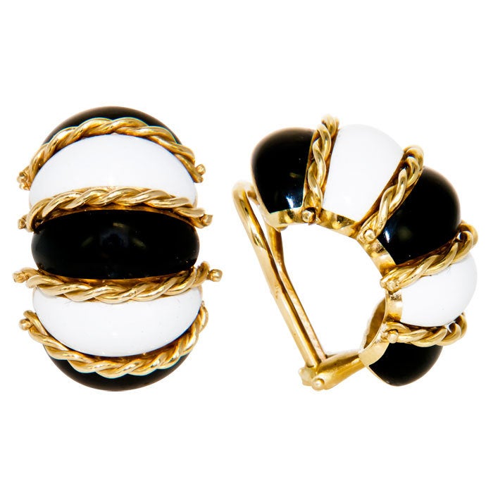 Classic Shrimp Ear Clips, 18K Yellow Gold with Black and White enamel and delicate Rope borders.Omega Clip Backs, Italian Gold Stamps.