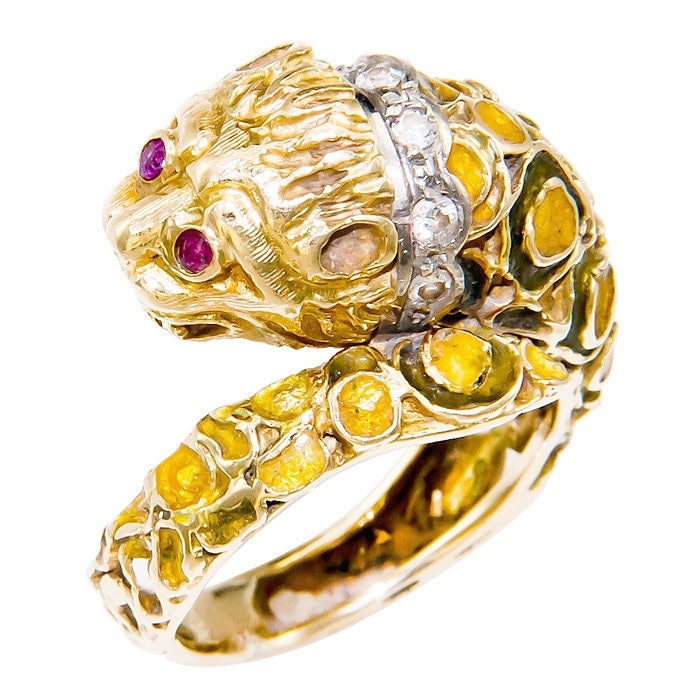 18K Yellow Gold, Enamel and Diamond set ring by Ilias Lalaounis, Ruby Eyes. Finger size = 7 1/2