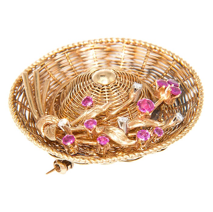 Whimsical Straw Hat Brooch By Tiffany & Co.  18K yellow Gold and set with Rubies and Diamonds.