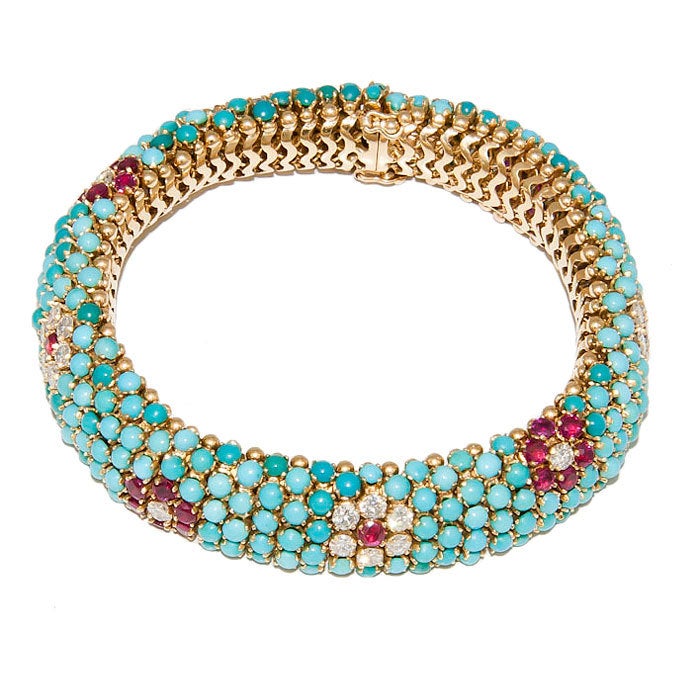 1960's Turquoise Ruby Diamond Gold Petit Point Bracelet