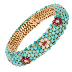 Vintage 1960's Turquoise Ruby Diamond Gold Petit Point Bracelet