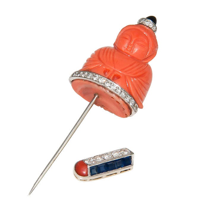 Art Deco Coral Buddha Jabot Pin In Good Condition In Chicago, IL