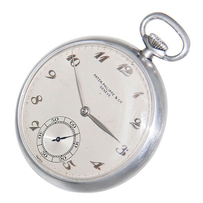 1940s Patek Philippe stainless steel pocket watch, 45mm signed and numbered case, manual wind 18-Jewel nickel lever movement, silvered dial with raised Breguet numerals.

The present model is extremely rare as Patek Philippe simply did not produce