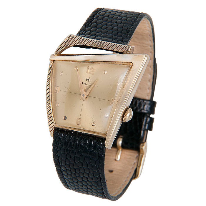 Original 1950s futureistic Flight II wristwatch by Hamilton, 10k gold-filled case, manual-wind 22-Jewel movement. Original gilt dial with raised gilt markers.