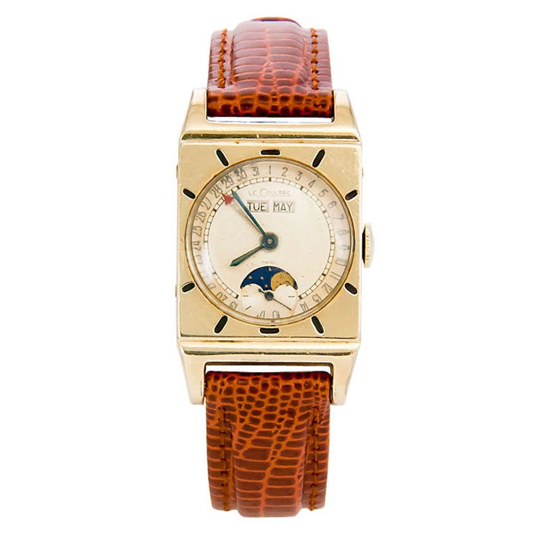LECOULTRE Yellow Gold-Filled Rectangular Triple-Calendar Moonphase Wristwatch circa 1950s