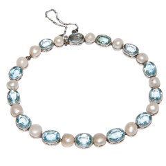 Antique Edwardian Aquamarine  Natural Pearl Platinum Bracelet