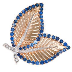 RAYMOND YARD Sapphire Diamond Set Gold Leaf Brooch