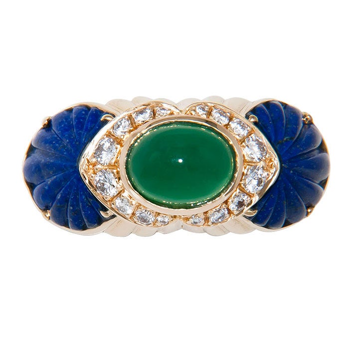 Cartier Signed and Numbered 18K yellow Gold Ring, centrally set with a Cabochon Chrysophrase, Carved Lapis and Diamonds. Finger size = 6 1/4