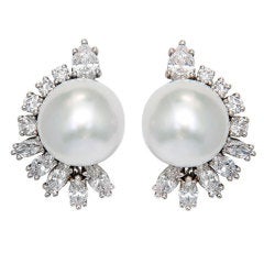 Pearl, Diamond and Platinum Ear Clips at 1stDibs