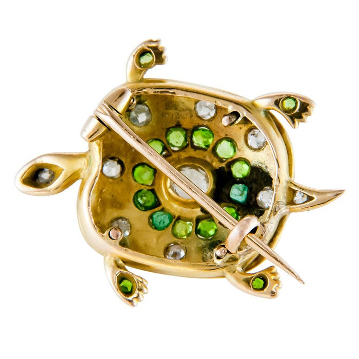 Whimsical 18K Yellow Gold Turtle Brooch, set with Green Demantoid Garnets and Old Mine Cut Diamonds, probably European.