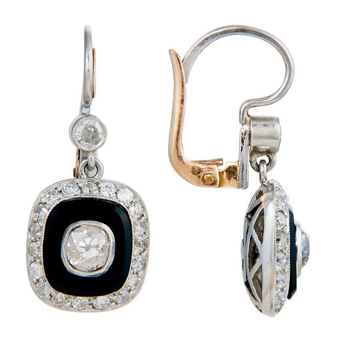 Old Mine Cut Diamond and Onyx Earrings