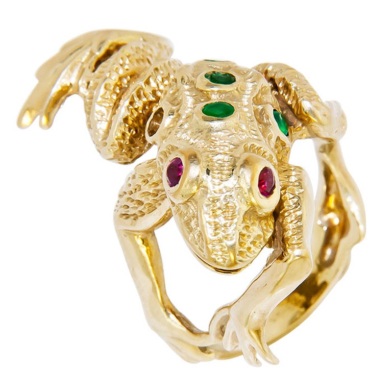 Whimsical Gold and Gem set Frog Ring at 1stDibs