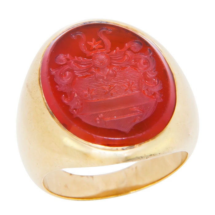14K Yellow Gold and Carved Carnelian, Intaglio, Coat of Arms Ring. Finger Size = 7 1/2
