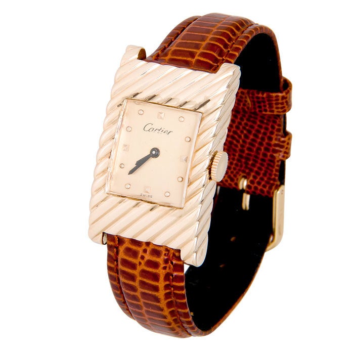Cartier Yellow Gold Rectangular Wristwatch with Unusual Bezel circa 1940s
