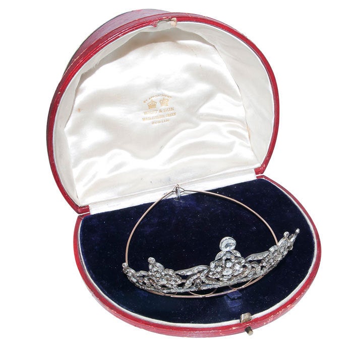 Circa: 1890 Silver top Gold Back Diamond set Tiara, approximately 5 to 6 carats old Mine cut and Rose cut Diamonds. Fitted Tiara Box from West & Son, Dublin.
