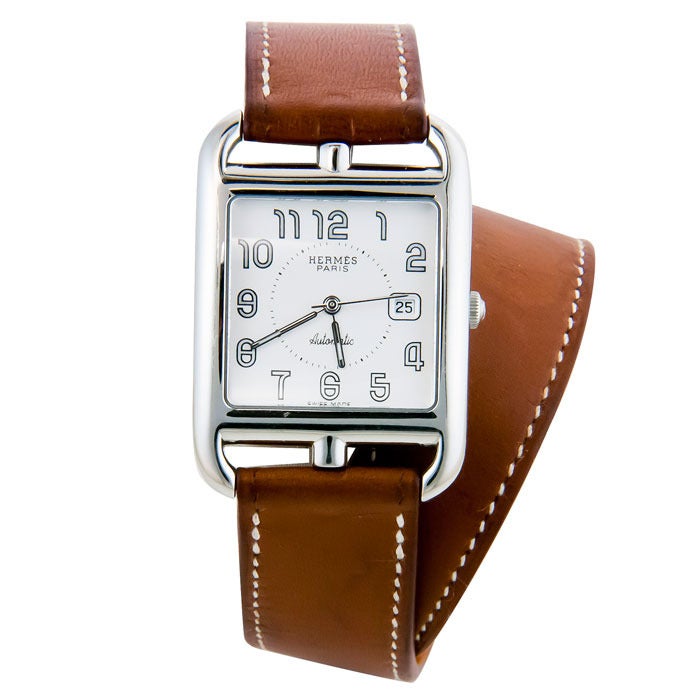 Hermes large stainless steel Cape Cod wristwatch with wrap-around strap. Quartz movement, sweep seconds hand, date, Hermes buckle.