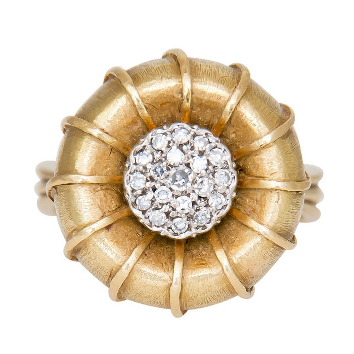 Circa: 1970s 18K Yellow Gold Ring By Toliro, Italy in the form of a Tulip or Flower Bulb. Pave set top with .65 Carat Diamonds. Finger Size = 6