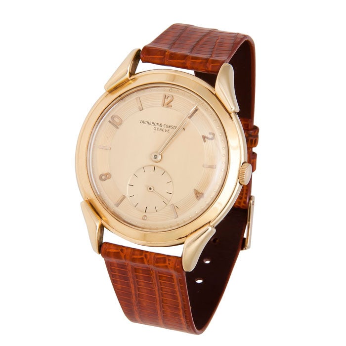 18K yellow gold Vacheron & Constantin wristwatch in an oversized 37mm case, circa 1940s. Large caliber P453/30 movement, 17 jewels, manual-wind. Gilt dial with raised gold numbers and engine-turned outer edge.