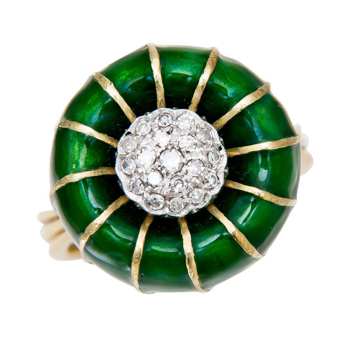 Circa: 1970s Flower Bud Ring by Toliro, Italy, 18K Yellow Gold, Green Enamel and Further accented with .25 Carat Diamonds.  Finger Size = 6 1/2