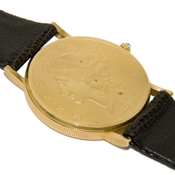 Corum 18k yellow gold men's U.S. $20 coin wristwatch. Made from two genuine 1896 U.S. $20 gold coins. Quartz Movement, Sapphire crystal and a diamond-set crown. New black lizard strap.