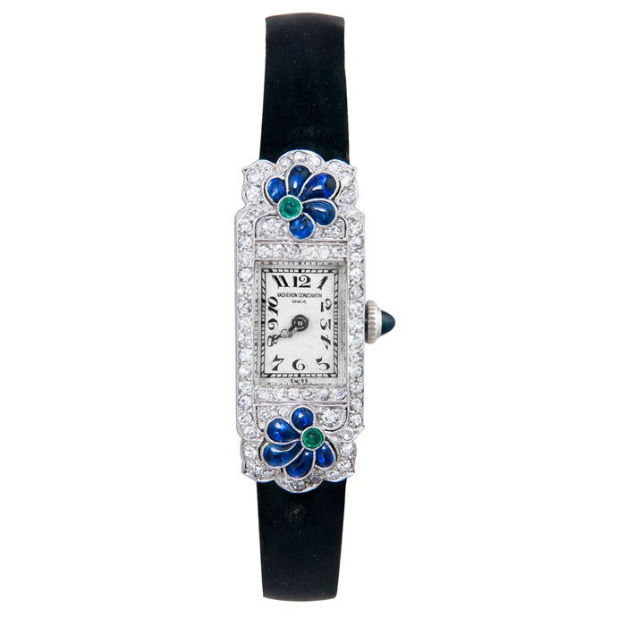Vacheron & Constantin lady's platinum, diamond, sapphire and emerald Art Deco wristwatch. Manual-wind movement. Circa 1930.