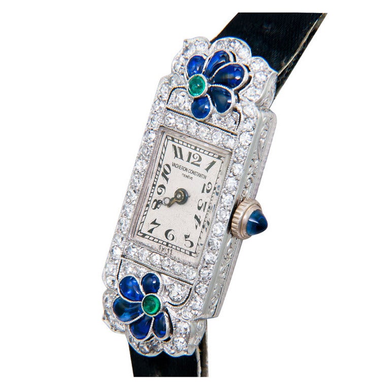 Vacheron & Constantin Lady's Platinum Diamond, Sapphire, Emerald Wristwatch