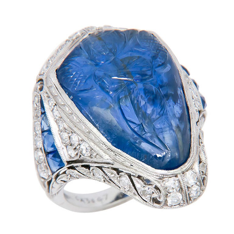 Carved Sapphire Art Deco Ring