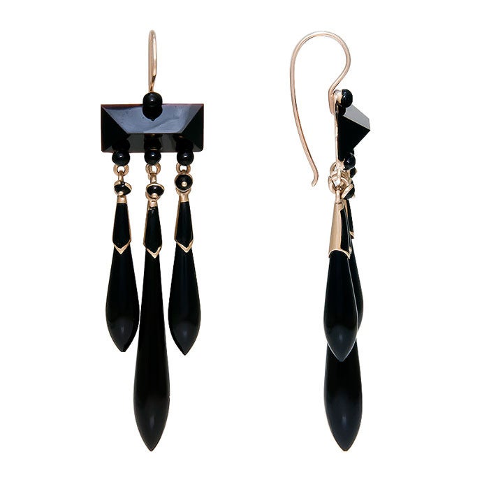 Circa: 1880 14K yellow Gold and Onyx Dangle earrings with some Black Enamel accents.