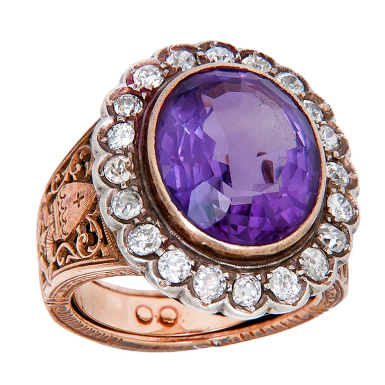 1930s Yellow Gold Diamond & Amethyst Bishops Ring