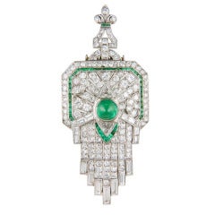 Spectacular Art Deco Diamond Emerald Pendant Brooch