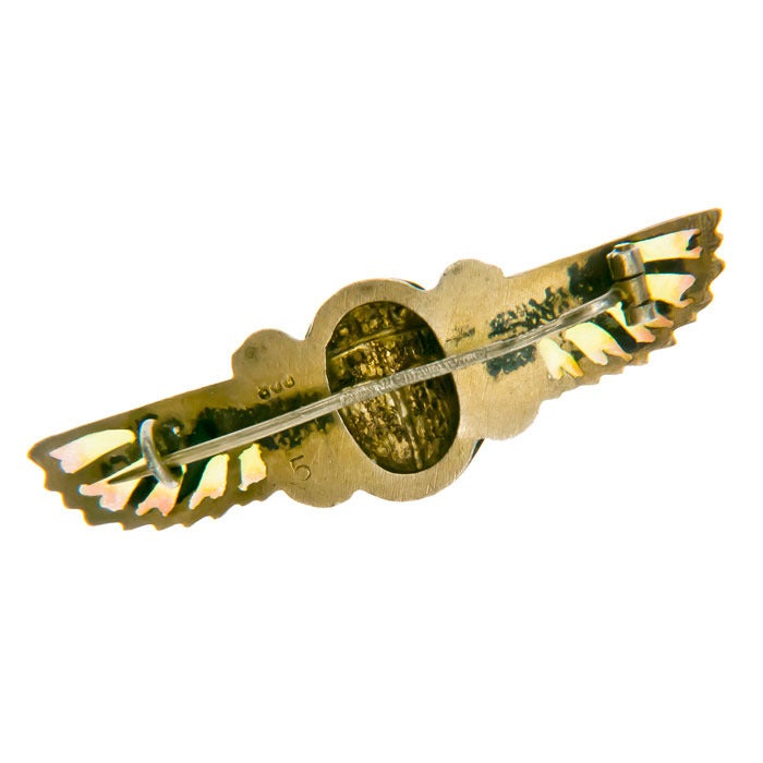 Circa 1915, 800 Silver and partial Plique-A-Jour Winged Scarab Brooch, having Austrian Hall Marks.