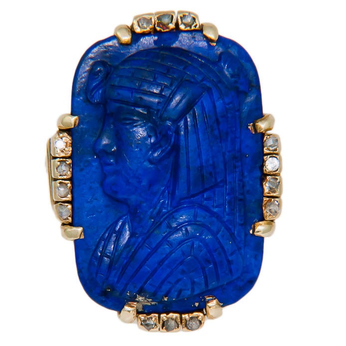 Circa: 1915 14K Yellow Gold, Lapis Lazuli and Diamond set Egyptian Revival Ring. Very Nice carving from a good thick piece of Lapis. Finger Size = 5 1/2