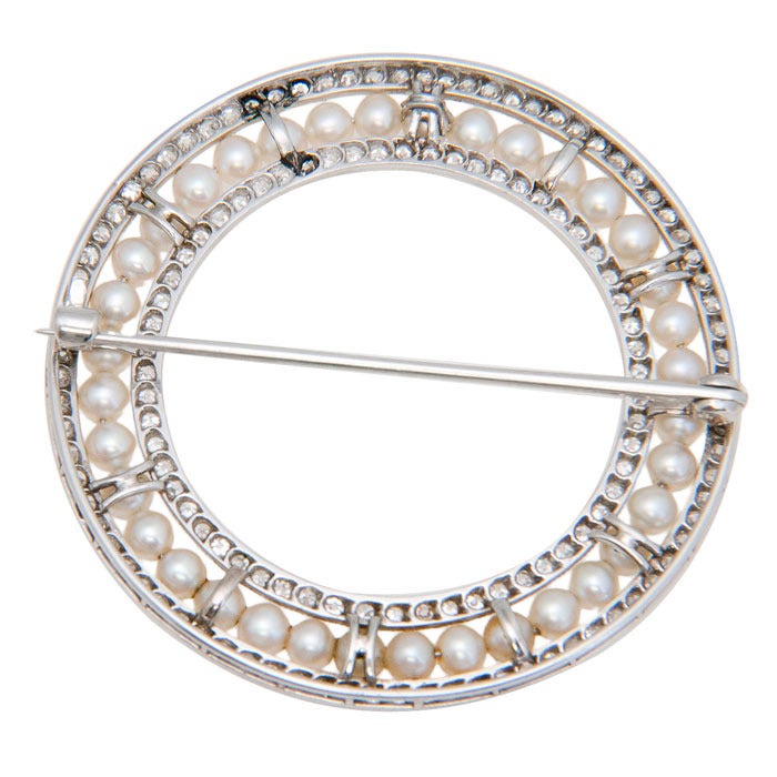 Women's Edwardian Platinum Diamond & Natural Pearl Pin