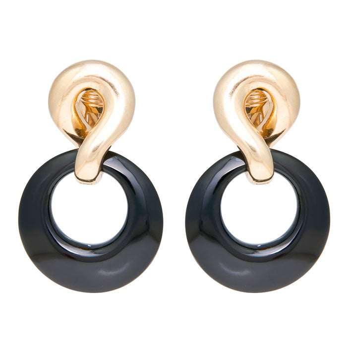 Circa: 1970s 18K Yellow Gold Ear Clips by Tiffany & Company with Interchangeable carnelian and Onyx Hoops.