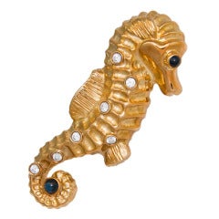 Whimsical Gemstone Gold Sea Horse Brooch