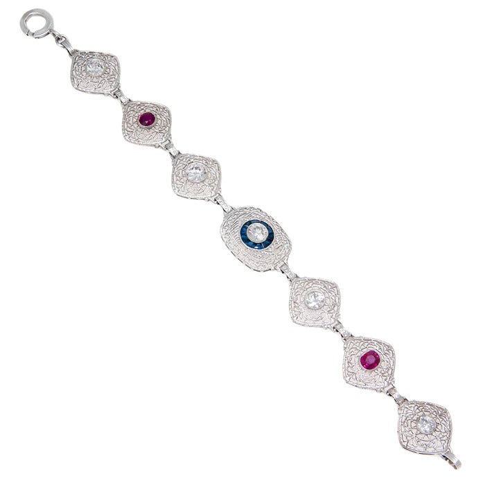 Edwardian 1920s Sapphire Ruby Diamond Platinum Bracelet