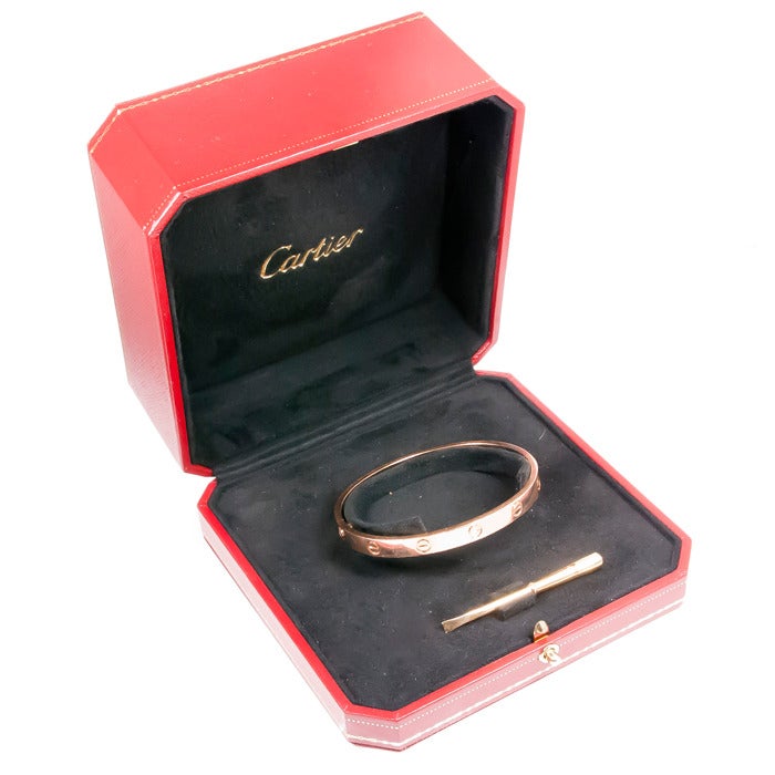 Cartier 18K Pink Gold Love Bracelet, size 18, with original Box and outer Box. Signed and Numbered.