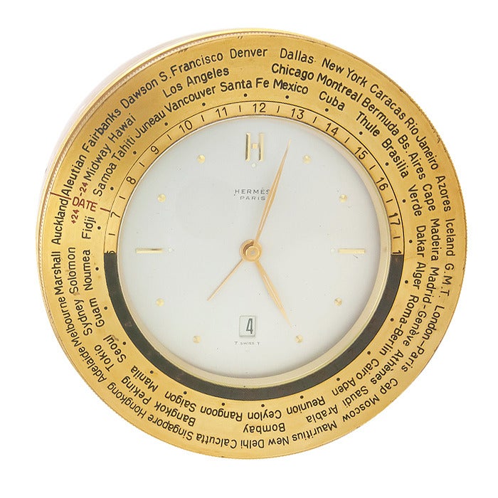 Hermes Gilt Brass World Time Desk Timepiece circa 1960s