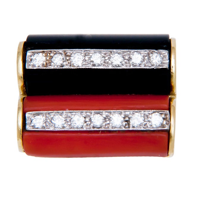 Circa: 1970s 18K yellow Gold Ring set with Coral, Onyx and Diamonds. Finger Size = 6 1/2