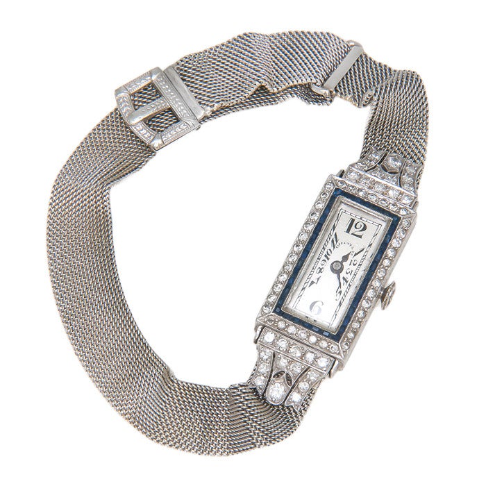 Art Deco Patek Philippe Lady's Platinum, Diamond and Sapphire Wristwatch Retailed by Tiffany & Co. circa 1920s
