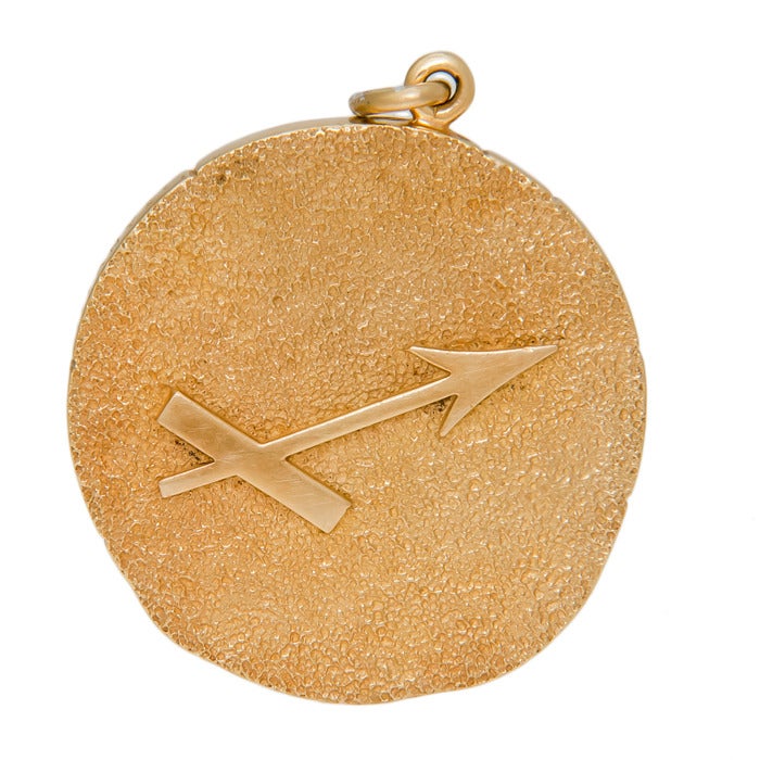 Circa: 1960s 18K yellow Gold Sagittarius Medallion, pendant by Tiffany & Company. Very nice Texture finish, front and back. Signed: Tiffany & Co. Italy K18