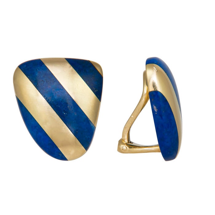 Circa: 1980 18K yellow Gold and Lapis Lazuli Ear Clips by Tiffany & Company. Omega safety clip backs.