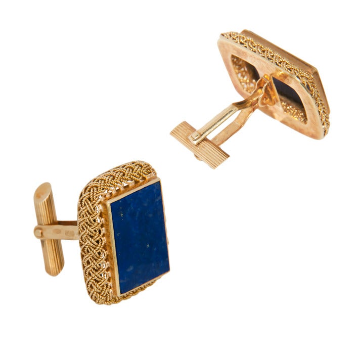Circa: 1970s 18K yellow Gold Cufflinks with fine woven borders and set with Lapis Lazuli. These Cufflinks were the Property of Charles Comiskey, former owner of the Chicago White Sox and namesake of the famous ball park.